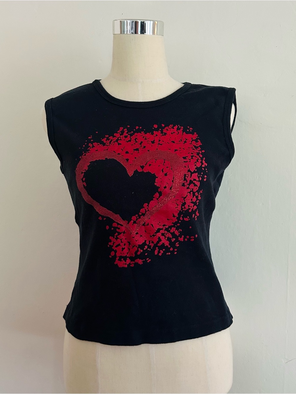 Vintage Y2K 2000s Tank Top Size M Black Graphic Glitter Heart